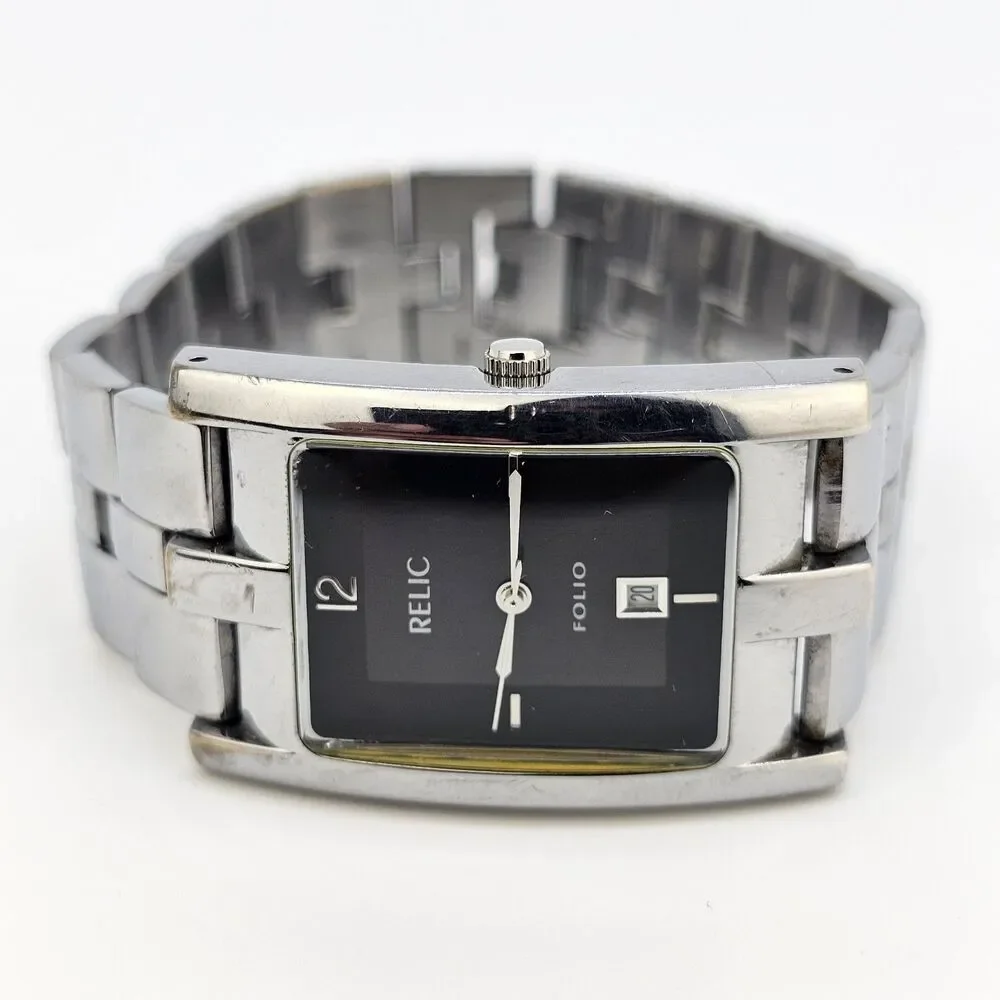 Relic‎ Tank Watch Men 27mm ZR77044 Silver Tone Black Dial Date New Battery 7.5